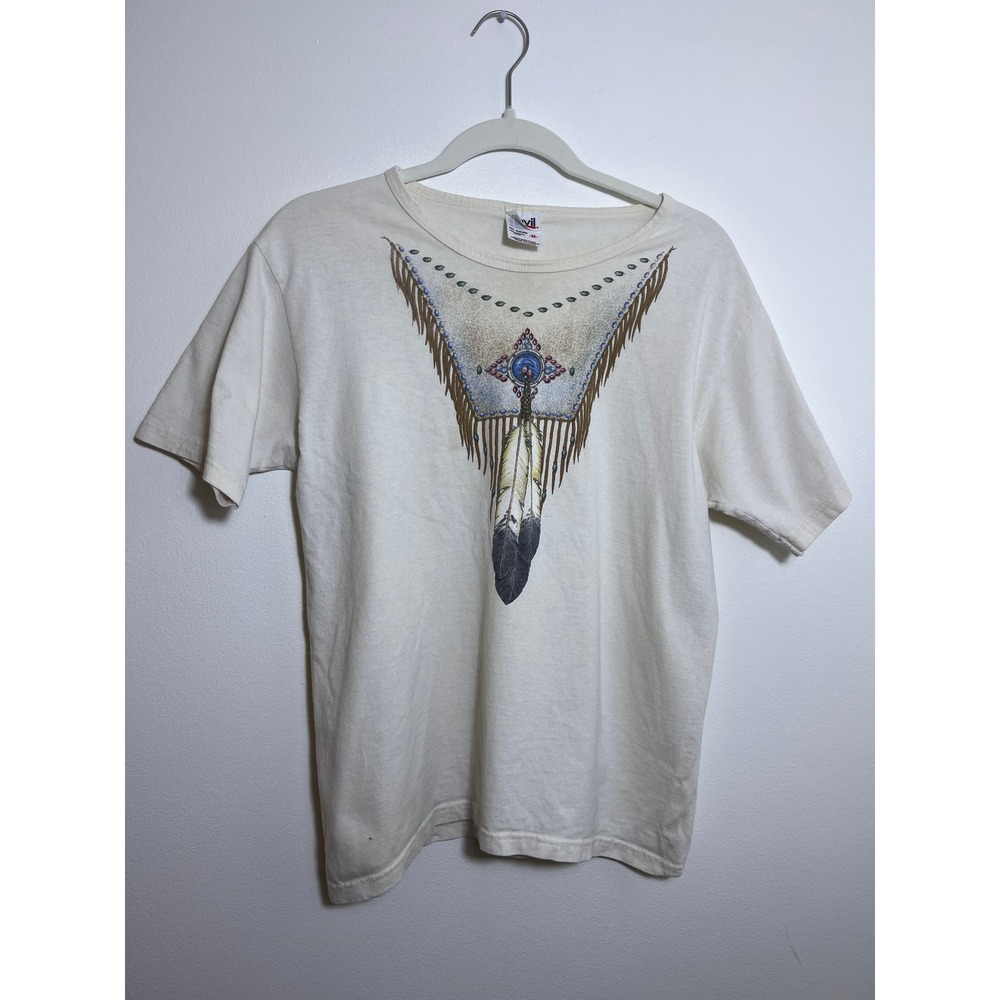 Vintage Anvil Southwestern Graphic T-Shirt Cream Cotton Feather Fringe